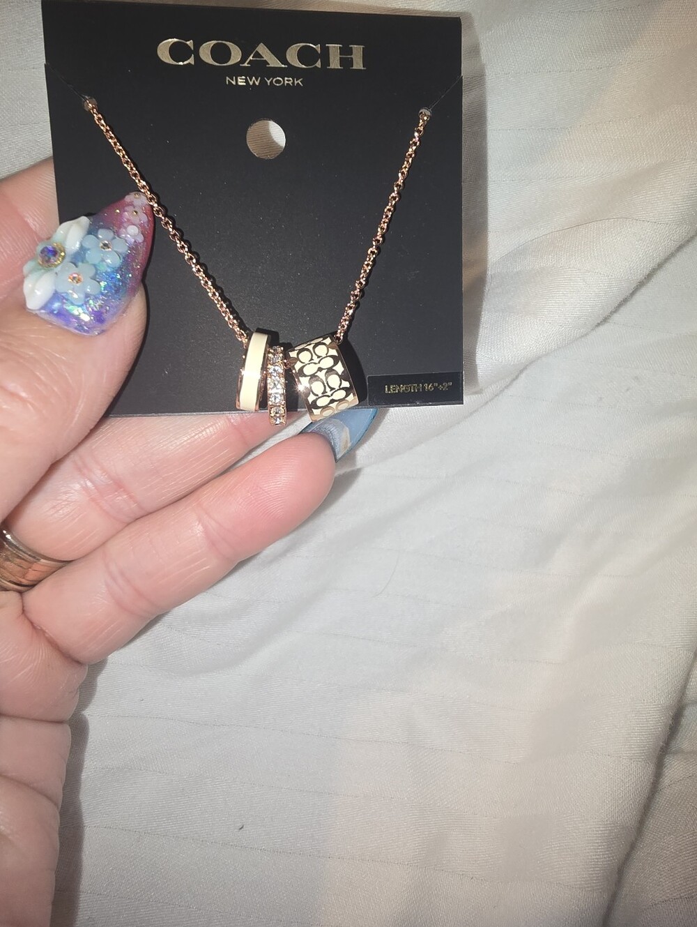 Coach Rose Gold Layered Ring Pendant Necklace With Cream In Lay Nwt